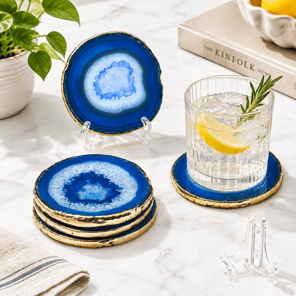 Blue Agate Coasters Set Of 4 Large Geode Coaster For Drinks 4.5"-4"stone Stone Slices Cup Mat Home Decor By Suitable Coffee Table