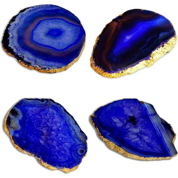 Blue Agate Coasters for Drinks - Set of 4 - Modern Gold Edge Stone Geode Coaster - Agate Slices Random Size 3.5~4" (Gold Edge)