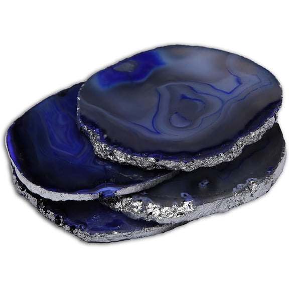 Blue Agate Coasters for Drinks - Set of 4 - Modern Silver Edge Stone Geode Coaster - Agate Slices Random Size 3.5~4" (Silver Edge)