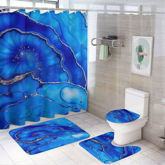 Blue Agate Marble Print-1 Shower Curtain Sets Non-Slip Rugs Bath Mat Toilet Cover U Shaped Mat 4 Pcs