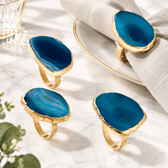 Blue Agate Slice Napkin Rings Set of 4, Metal Dinner Table Decor
