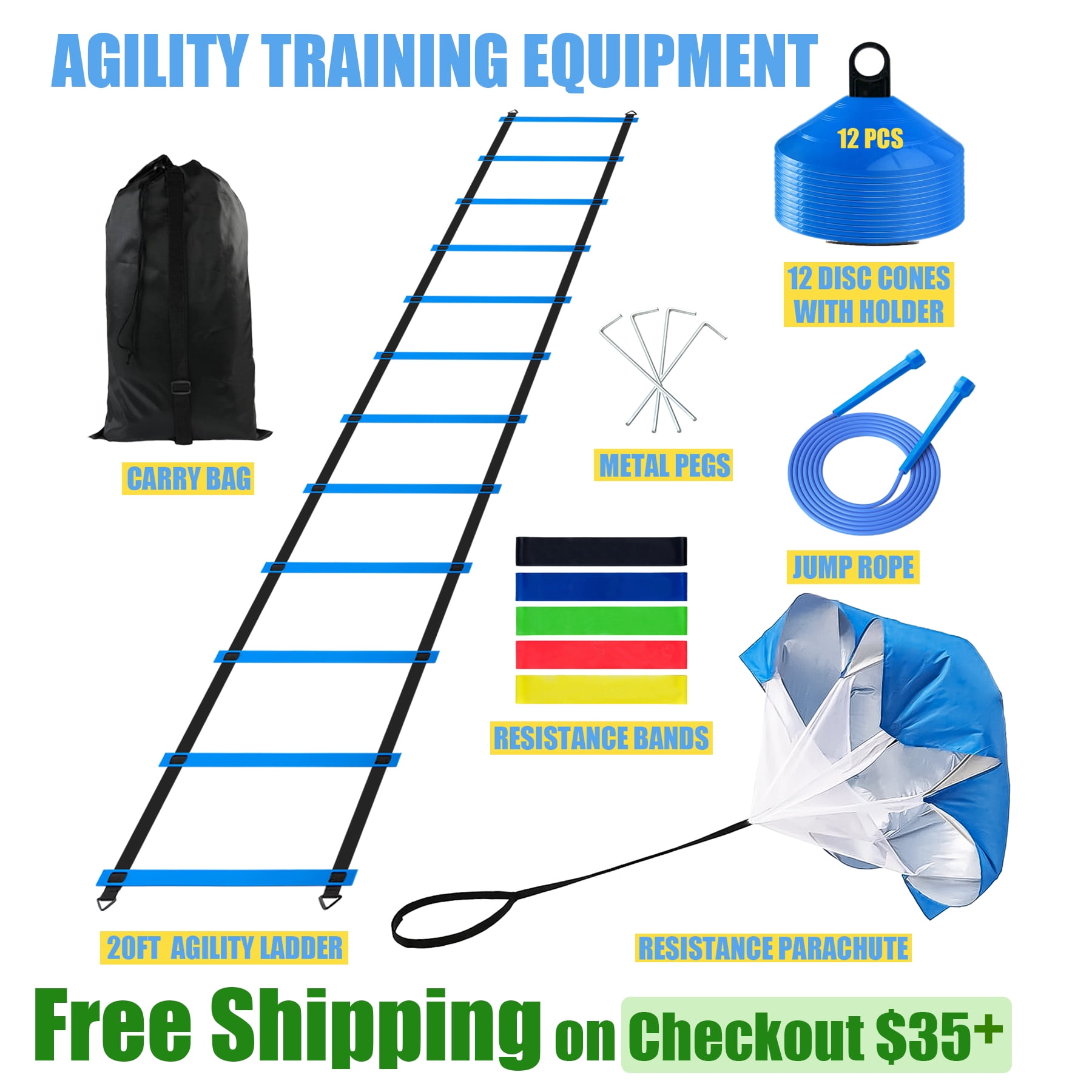Blue Agility Ladder Speed Training Equipment Set, Includes 20ft Rungs