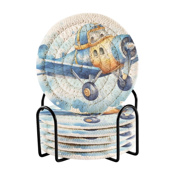 Blue Aircraft Airplane Clouds 6 Pcs Drink Coasters with Holder Absorbent Coasters Woven Coasters for Drinks Table Desk Protection Home Decor
