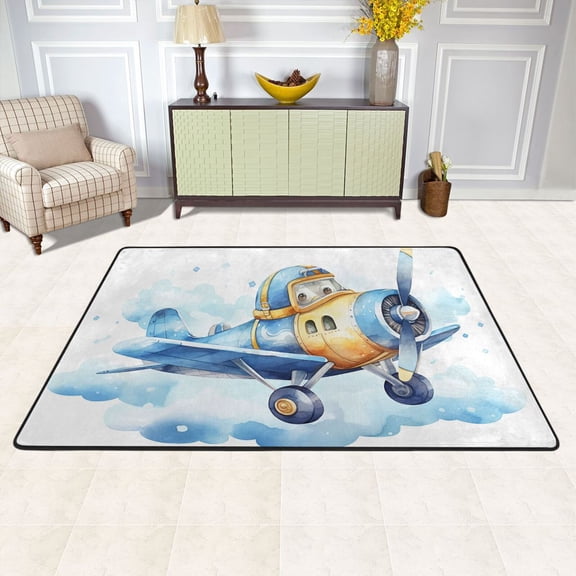 Blue Aircraft Airplane Clouds Area Rug Washable 72 x 48 Floor Carpet Mat Non Slip for Bedroom Living Room Kids Room Home Decor