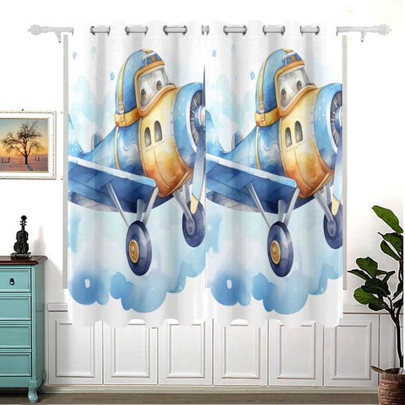 Blue Aircraft Airplane Clouds Blackout Curtain Panels 63x55in Drapes Privacy Assured for Living room Bedroom Bathroom 2 panels set