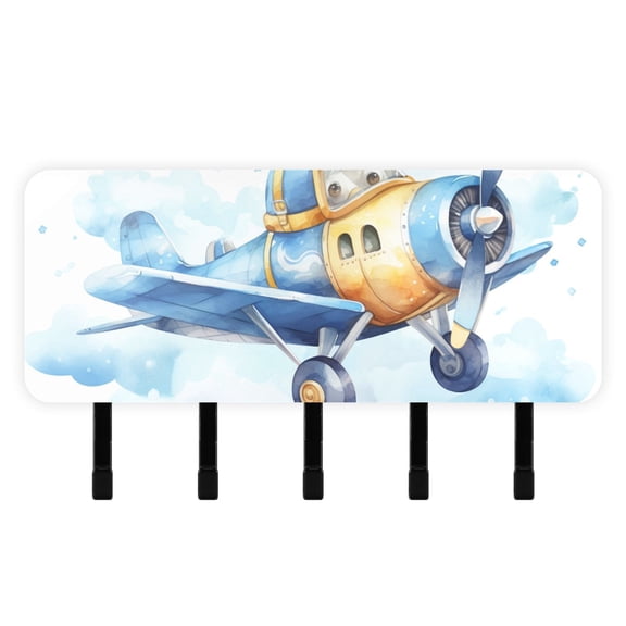 Blue Aircraft Airplane Clouds Mail Holder Organizer Wall Mount with Shelf Key Holder Key Rack with 5 Key Hooks for Wall Decorative