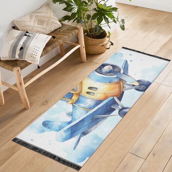 Blue Aircraft Airplane Clouds Runner Rug Machine Washable Area Rugs Carpet Non Slip Entryway Mat for Bedroom Entryway Front Door