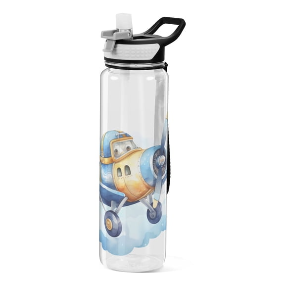 Blue Aircraft Airplane Clouds Sports Water Bottle Portable Travel Mug 32oz BPA Free Leak Proof Straw Transparent Tritan for Gym Yoga Cycling Camping
