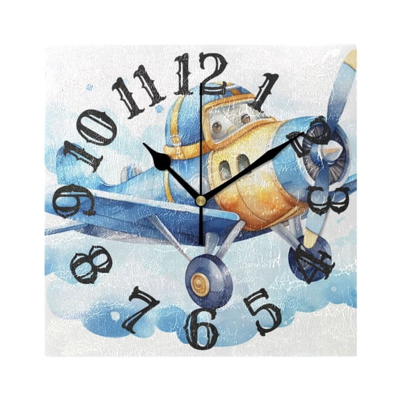 Blue Aircraft Airplane Clouds Wall Clock Square Silent Non Ticking Battery Operated Clock for Home Bathroom Kitchen Bedroom Living Room