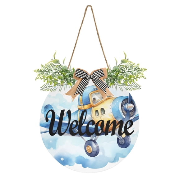 Blue Aircraft Airplane Clouds Welcome Sign for Front Door Wreath Door Sign for Farmhouse Porch Decoration Indoor Outdoor