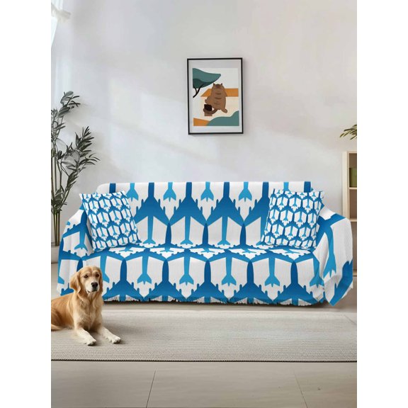 Blue Aircraft Couch Cover, Modern Abstract Art Gradient Airplane Sofa Cover Blanket for 1 Seat Cushion, Sectional Sofa Slipcover Furniture Protector for Living Room Bedroom 71''x91''