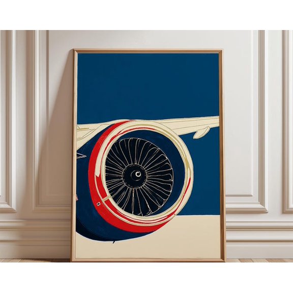 Blue Aircraft Engine Modern Aviation Graphic Airplane Wall Art, Unframed Paper Poster 24x36in