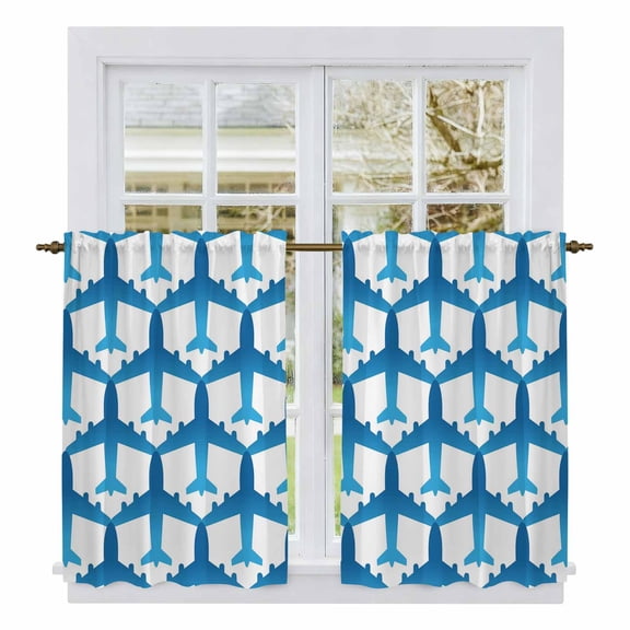 Blue Aircraft Kitchen Curtains 45 Inch Length, Modern Abstract Gradient Airplane Tiers Curtains for Bathroom Bedroom Cafe, Light Filtering Small Window Treatment Short Drapes 2 Panels 42"Wx45"L