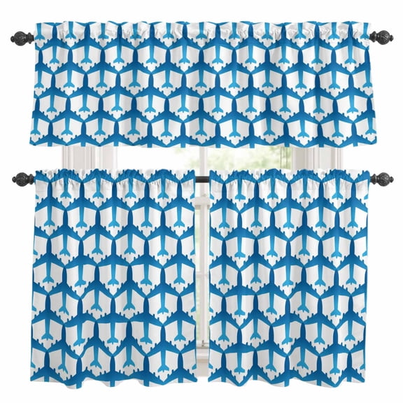 Blue Aircraft Kitchen Curtains Sets for Windows 36 Inch Length, Modern Abstract Art Gradient Airplane Rod Pocket Window Treatments Tier Curtains and Valances Set for Bedroom/Bathroom