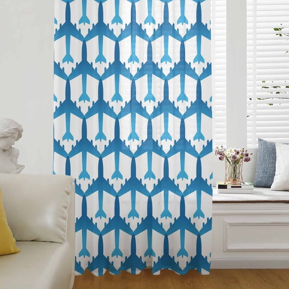 Blue Aircraft Sheer Curtains 45 Inches Long for Living Room/Bedroom, Modern Abstract Art Gradient Airplane Rod Pocket Voile Kitchen Curtains & Drapes Window Treatment 1 Panel, 52"W x 45"L