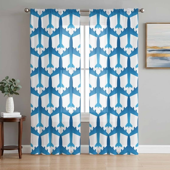 Blue Aircraft Sheer Curtains 63 Inch Length 2 Panels Set, Modern Abstract Art Gradient Airplane Voile Window Treatment Rod Pocket Curtains Sheers Drapes for Bedroom/Living Room/Kitchen 52x"63"x2