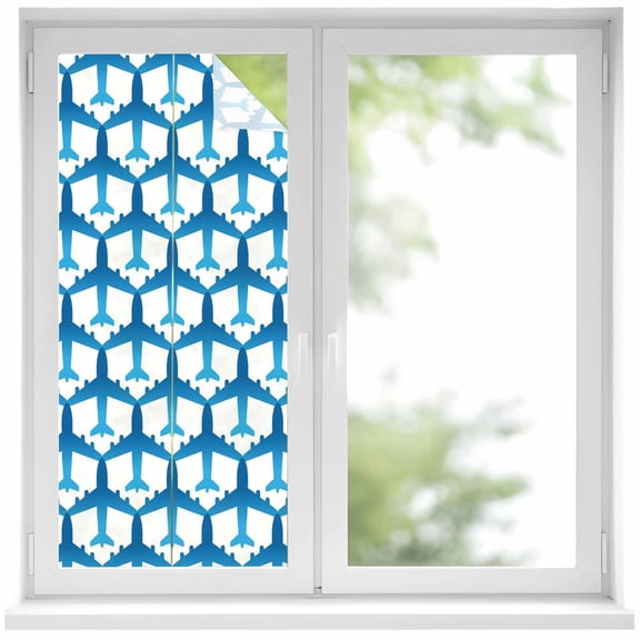 Blue Aircraft Window Privacy Film, Modern Abstract Art Gradient Airplane Static Cling UV Sun Blocking Heat Control Window Tint Day and Night, Non-Adhesive One Way Windows Privacy Cover 19.6''x39.3''