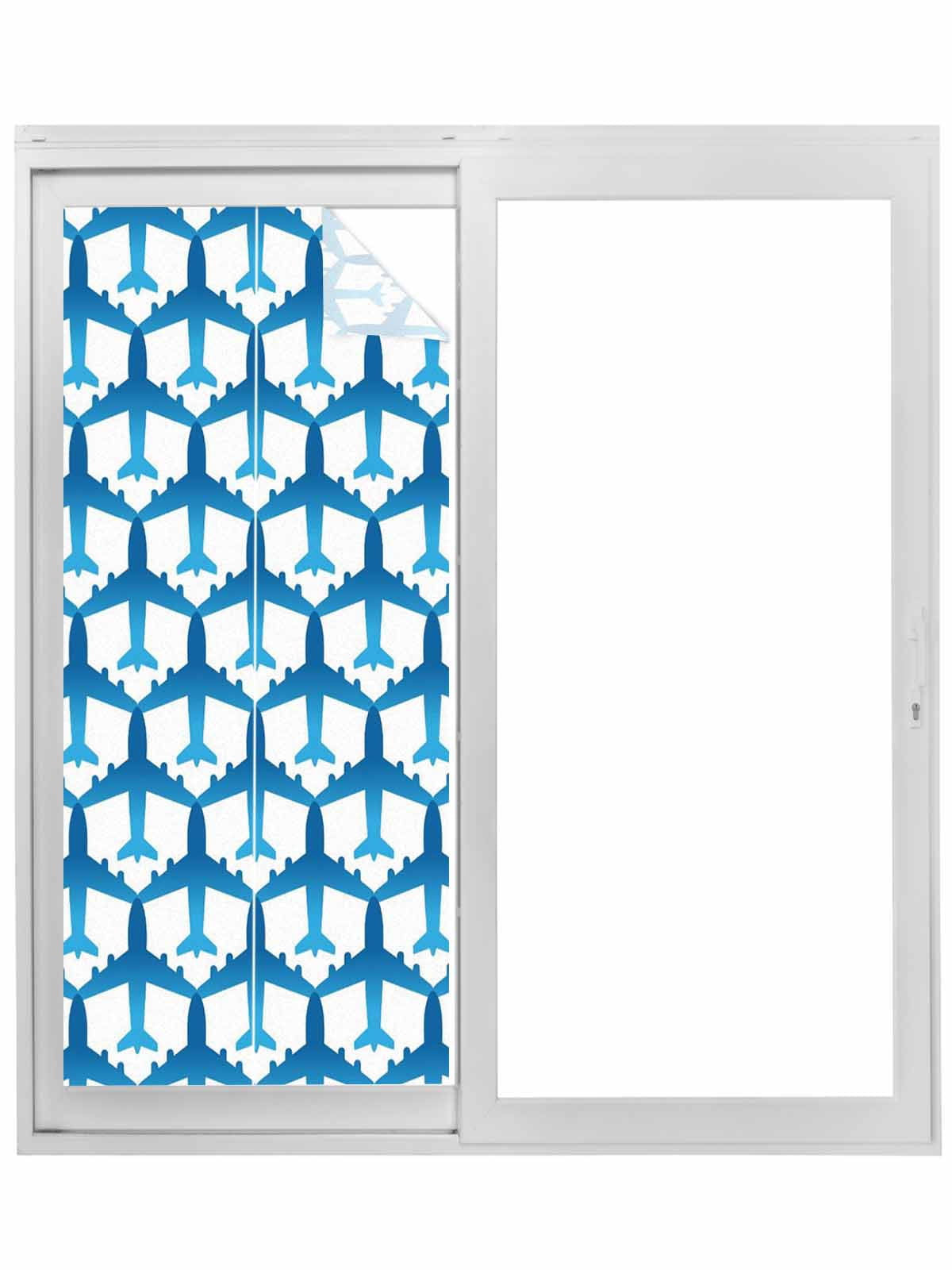 Blue Aircraft Window Privacy Film, Modern Abstract Art Gradient Airplane Static Cling UV Sun Blocking Tint Film Heat Control Windows Films for Bedroom Bathroom, Window Stickers 23.6"x59"
