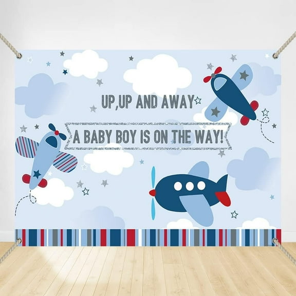 Blue Airplane Baby Shower Backdrop Up Up and Away Boys Party Background Oh Boy Baby Shower Decorations Transportation It’s a Boy Copper Grommets Banner