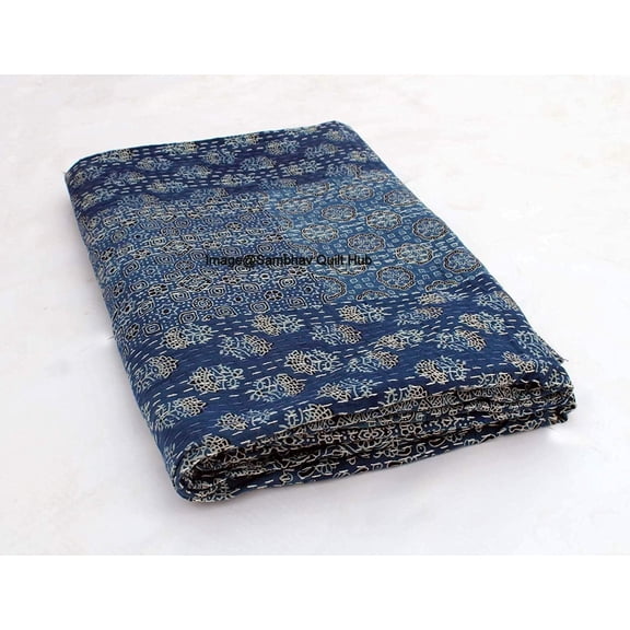 Blue Ajrakh Hippie Queen Kantha Quilt Handmade Bohemain Bedspread King Size Vegetable Dye Kantha Blanket Bedcover Boho Quilting Indigo Print Ajrakh Cotton Kantha Quilt