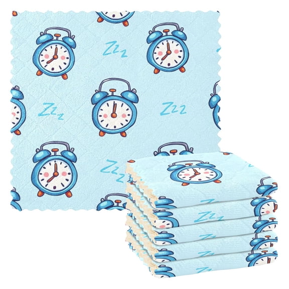 Blue Alarm Clock Pattern Dish Towels 6 Pack Kitchen Cleaning Dish Cloths Absorbent Reuseable Cleaning Cloths 11'' x 11''