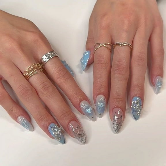 Blue Almond Shaped Press On Nails, Star Heart Gradient Fake Nail Tips, Easy Apply Reusable Wearable Nails for Girls