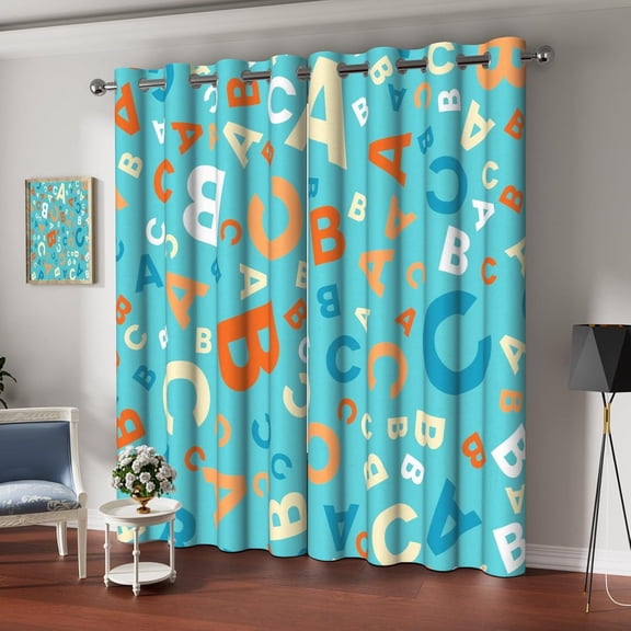 Blue Alphabet Blackout Curtains Modern Simple Funny Letters Pattern Style Window Drapes For Kids Room Classroom Bedroom Fun Office Decor Darkening Curtains 21"W x 45"L (Pack of 2)