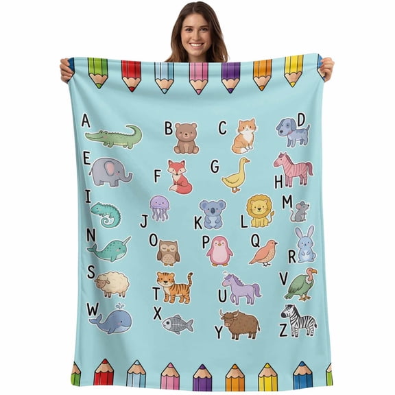 Blue Alphabet Blanket Soft Cozy Warm Throw Blanket for Couch, Plush Fuzzy Flannel Fleece Blankets for Sofa, Cartoon Colorful Animals Letter Crayon Bed Blankets Lightweight Gifts for Women, 30"x40"