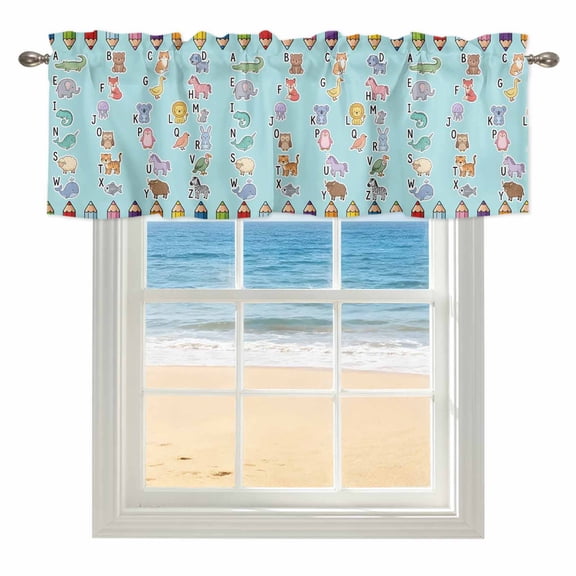 Blue Alphabet Kitchen Valances for Windows 60x18 Inch Kitchen Curtains Valances Rod Pocket Cartoon Colorful Animals Letter Crayon Bathroom Window Valances for Window Treatment Decor