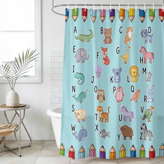 Blue Alphabet Shower Curtain Set, Waterproof Shower Curtains for Bathroom, Cartoon Colorful Animals Letter Crayon Washable Fabric Cloth Bath Curtain for Bathtub Decoration with Hooks 48x72 Inches