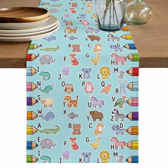 Blue Alphabet Table Runner, Cartoon Colorful Animals Letter Crayon Washable Cotton Linen Table Runners 72 Inches Long, Dresser Scarf Runner for Dining Tables/TV Stands/Coffee/Cabinets 18''x72''