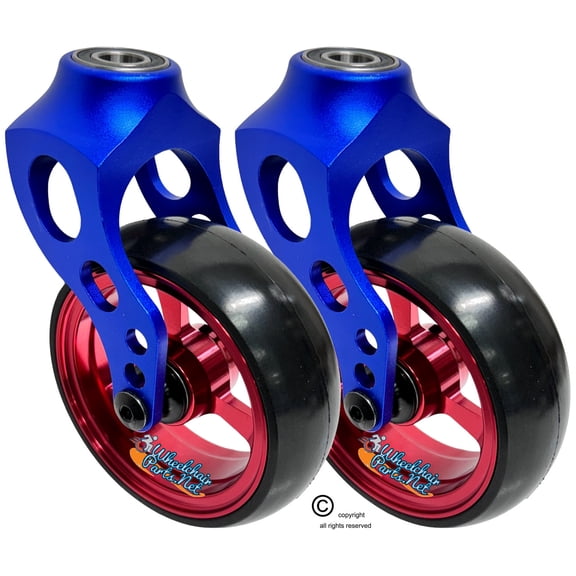 Blue Aluminum Caster Fork Assembly With 4x1.40 Soft Roll Wheels in Red Color