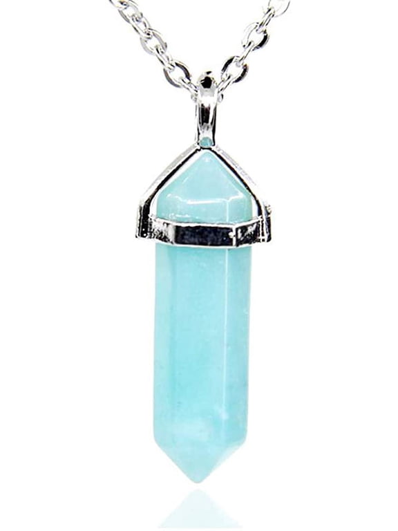 Blue Amazonite Gemstone Hexagonal Pointed Reiki Chakra Pendant Necklace 18"