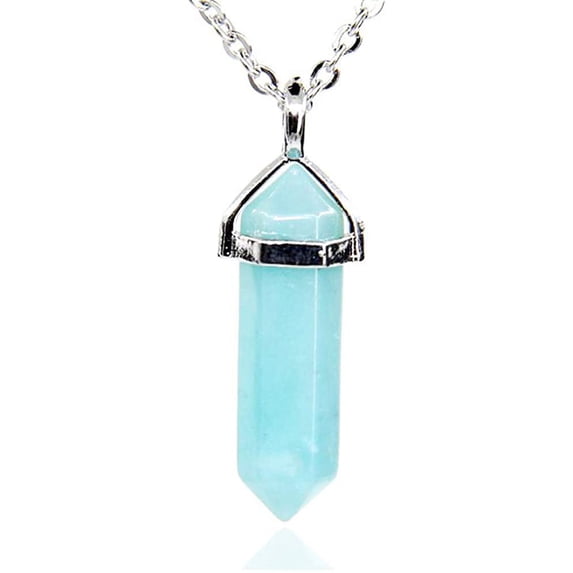 Blue Amazonite Gemstone Hexagonal Pointed Reiki Chakra Pendant Necklace 18"
