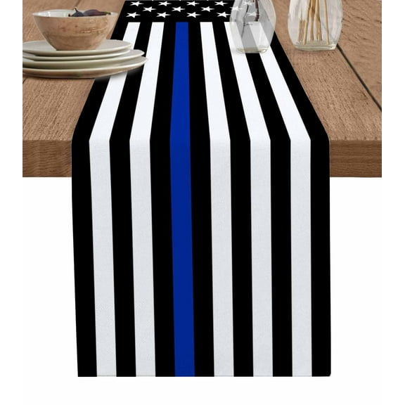 Blue American Flag Burlap Cotton Table Runner 13x70 Inches Long, Black White Striped US Flag Stars Farmhouse Table Runners, Outdoor Dining Tablecloths Decor for Baby Shower/Party/Wedding