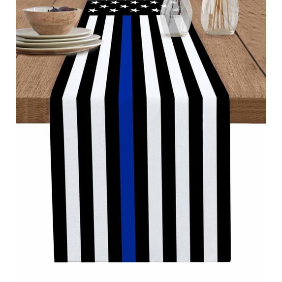 Blue American Flag Burlap Cotton Table Runner 16x72 Inches Long, Black White Striped US Flag Stars Farmhouse Table Runners, Outdoor Dining Tablecloths Decor for Baby Shower/Party/Wedding