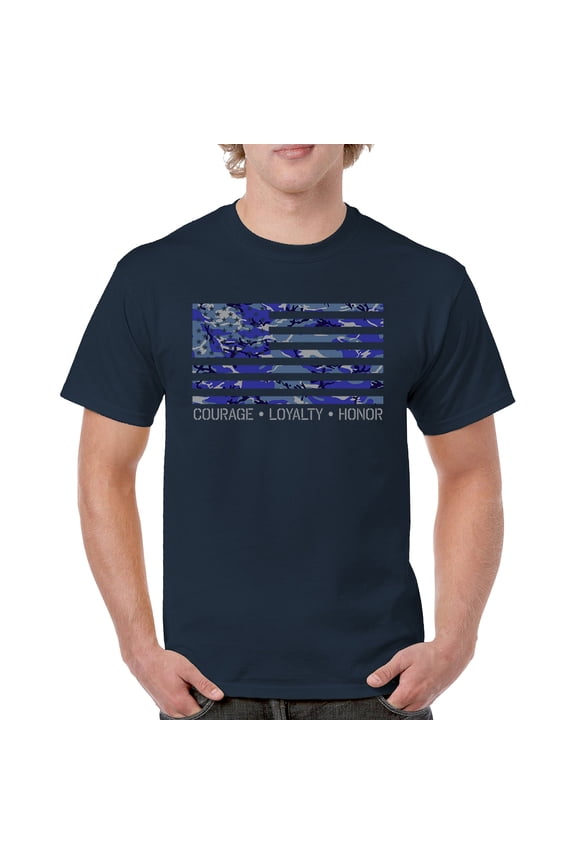 Blue American Flag Courage Loyalty Honor T-shirt USA Military Proud Veteran's Day Don't Tread on Me Men's Tee