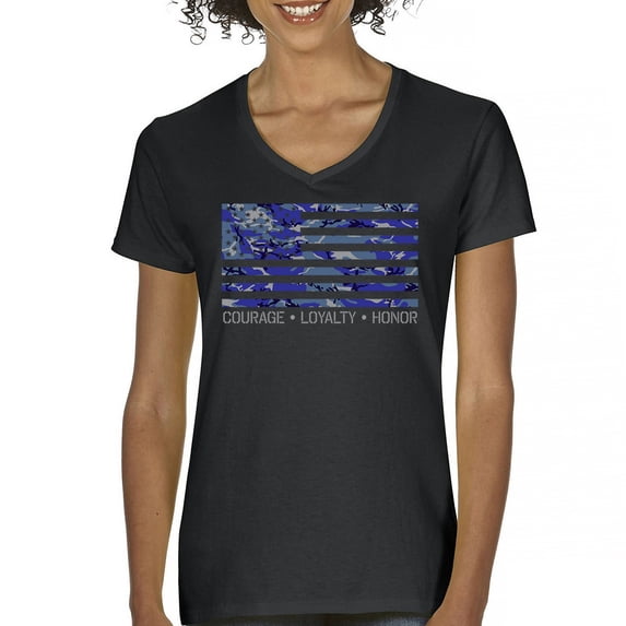 Blue American Flag Courage Loyalty Honor Women's V-Neck T-shirt USA Military Proud Veteran's Day Don't Tread on Me Tee
