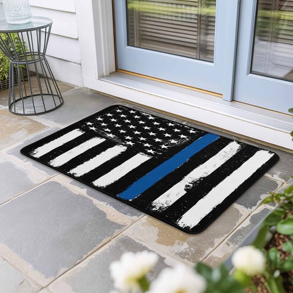 Blue American Flag Door Mat Indoor Outdoor, Black White Stars Stripe US Flag Non Slip Welcome Mat with Rubber Backing, Absorbent Fabric Front Door Mats Entryway Rug for Home Patio Entrance 16"x24"