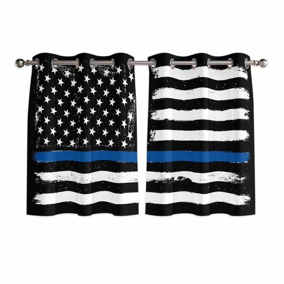 Blue American Flag Kitchen Curtains Short 45 Inch Length, Black White Stars Stripe US Flag Grommet Top Bedroom Living Room Curtains, Light Filtering Cafe Curtain Drapes 2 Panels Set 84''x45''