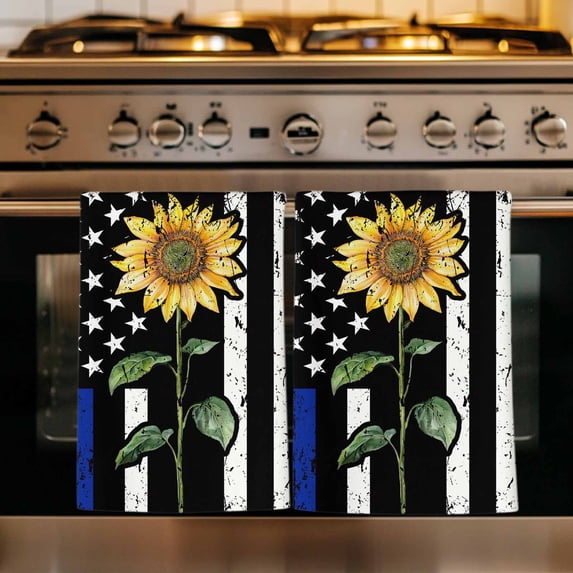 Blue American Flag Kitchen Towels Set of 4, Sunflower Vintage USA Flag Absorbent Dish Towels for Kitchen, Microfiber Hand Towel, Quick Drying Tea Towel for Cleaning Decorative Dishcloths