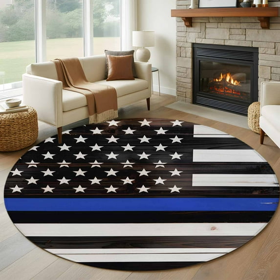 Blue American Flag Large Round Rug 8 FT, Non Slip Living Room Area Carpet, Black White Stripe US Flag Retro Wooden Washable Soft Circle Rug Non-Shedding Floor Carpet for Bedroom Office Dining Room