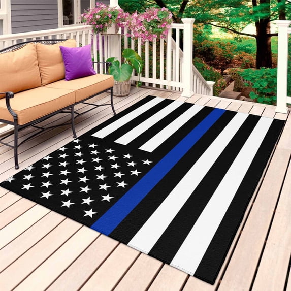 Blue American Flag Outdoor Rug for Patio/Deck/Porch, Non-Slip Large Area Rug 4 x 6 Ft, Black White Striped US Flag Stars Indoor Outdoor Rugs Washable Area Rugs, Reversible Camping Rug Carpet Runner