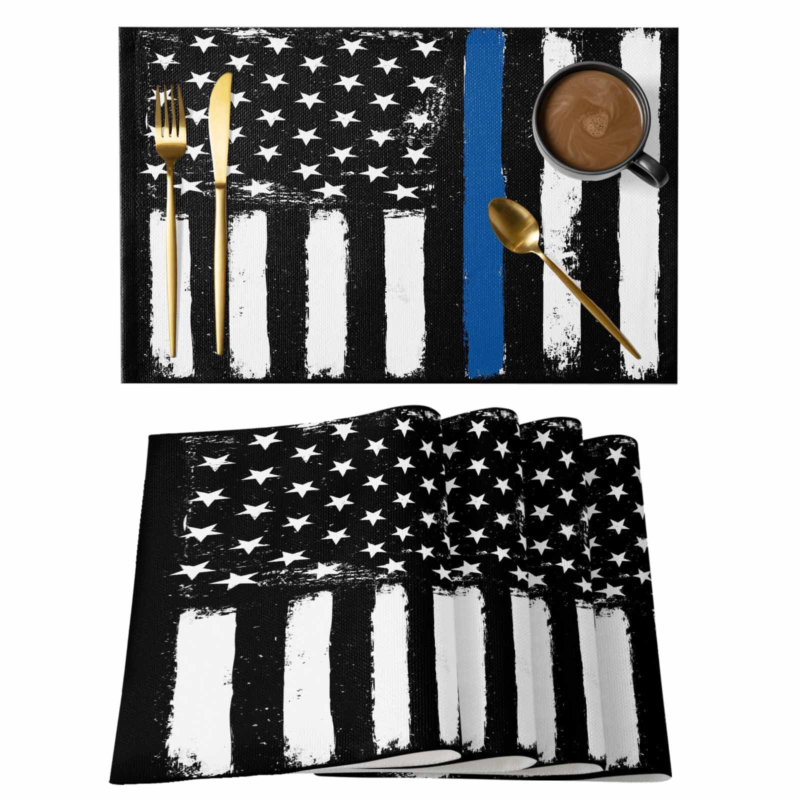Blue American Flag Placemats Set of 12 Black White Stars Stripe US Flag ...