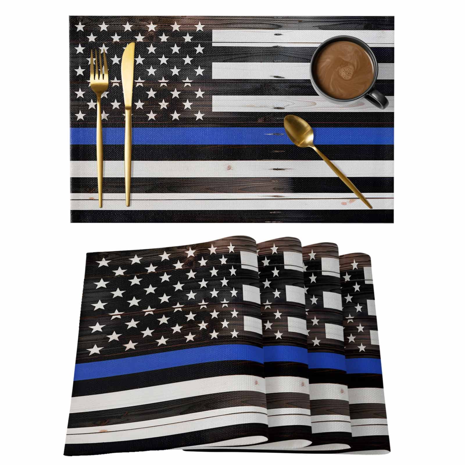 Blue American Flag Placemats Set of 6 Black White Stripe US Flag Retro ...