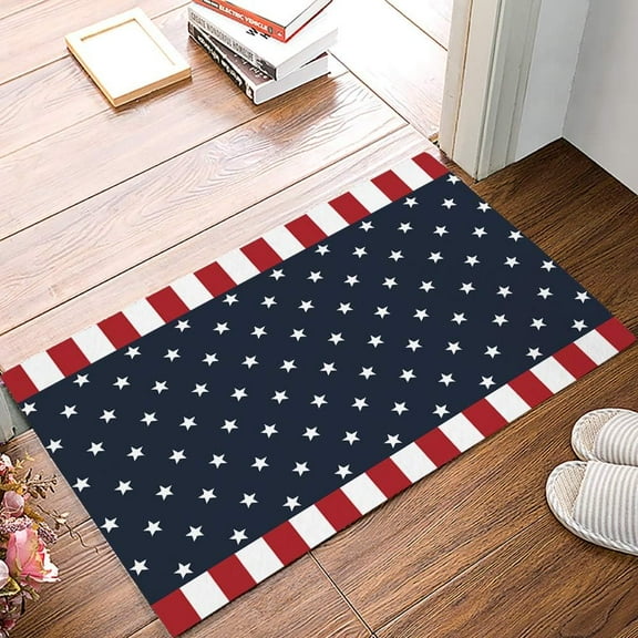 Blue American Flag Red Minimalistic Geometry Stripe, Bathroom Shower Mat Doormat Non Slip,Floor Rug Absorbent Carpets Floor Mat Home Decor for Kitchen Bedroom Rug 24"X 36"