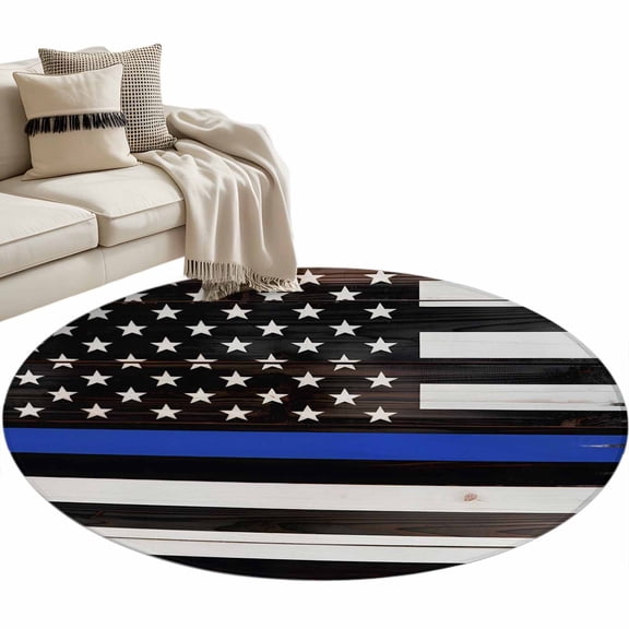 Blue American Flag Round Rug 3.3ft Area Rug Washable Soft Non-Slip 3.3' Circle Low Pile Rugs Black White Stripe US Flag Retro Wooden Carpet for Bedroom Living Room Entryway Home Office Dining Room