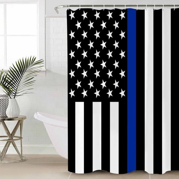 Blue American Flag Small Stall Shower Curtain, Waterproof Shower Curtains for Bathroom, Black White Striped US Flag Stars Washable Fabric Cloth Bath Curtain for Bathtub with Hooks 36x72 Inches