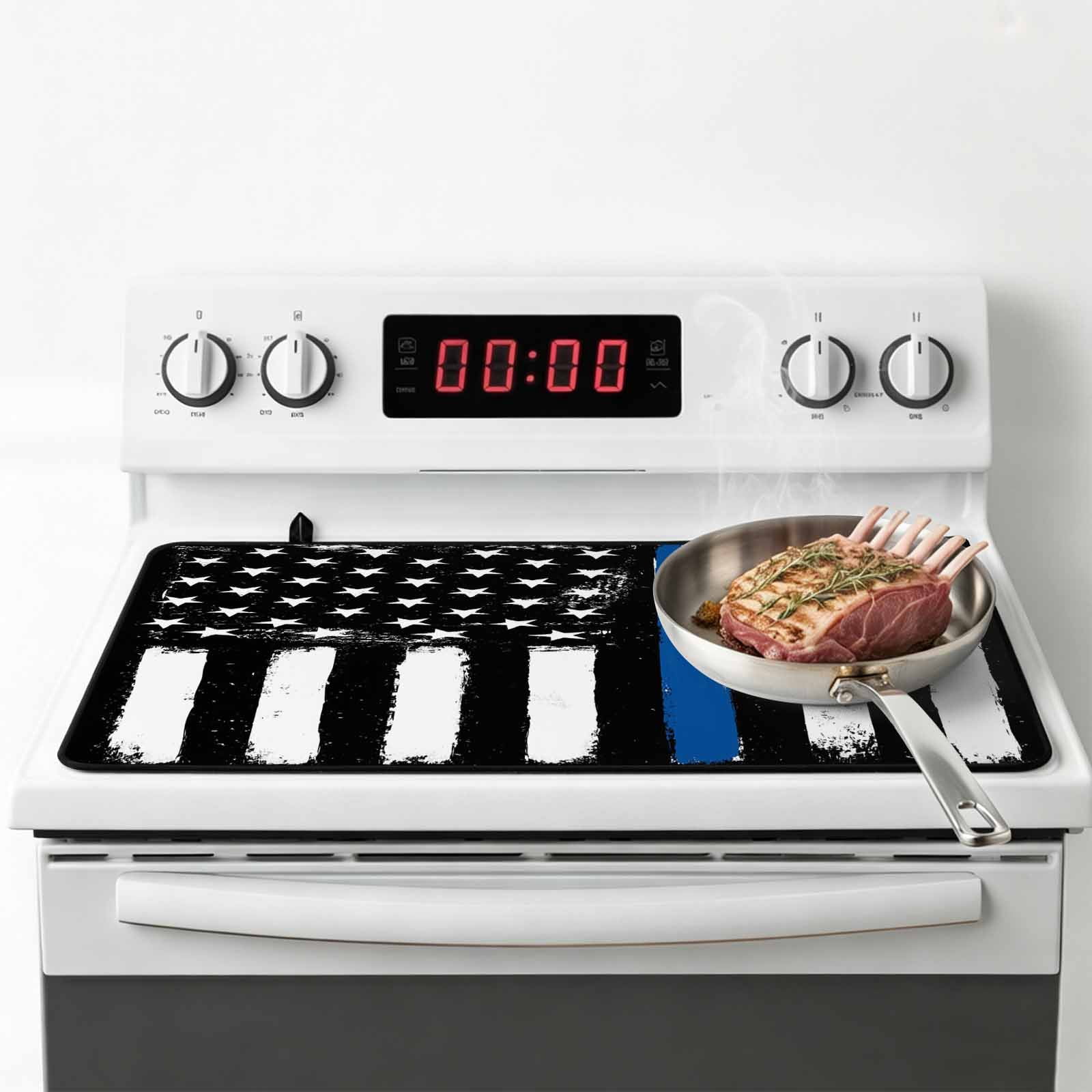 Blue American Flag Stove Top Cover for Electric Stove, Heat-proof & Non Slip Glass Top Stove Cover Protector, Black White Stars Stripe US Flag Kitchen Flat Cooktop Rubber Mat 24x21 Inches