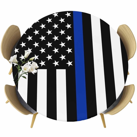 Blue American Flag Table Cloth, Round Fitted Tablecloths with Elastic Edge, Black White Striped US Flag Stars Wipeable Waterproof Table Cover for Kitchen Wedding 55-60 Inches